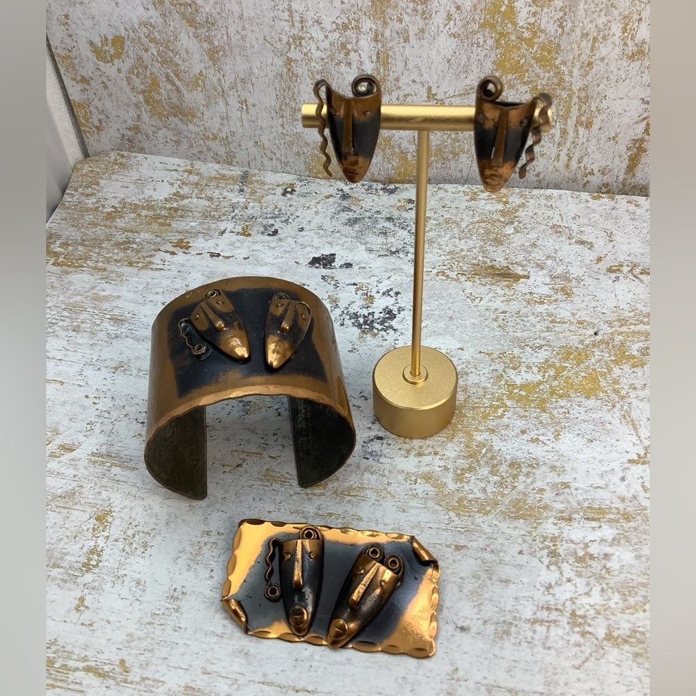 Antique FRANCISCO REBAJES Brooch Earrings And Cuff Bracelet Copper #24SET
